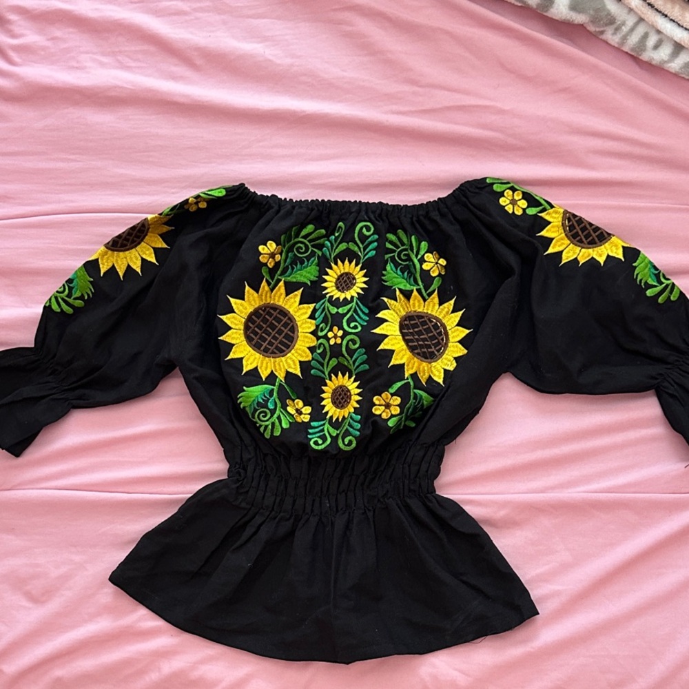 Sunflower Embroidered Black Top
